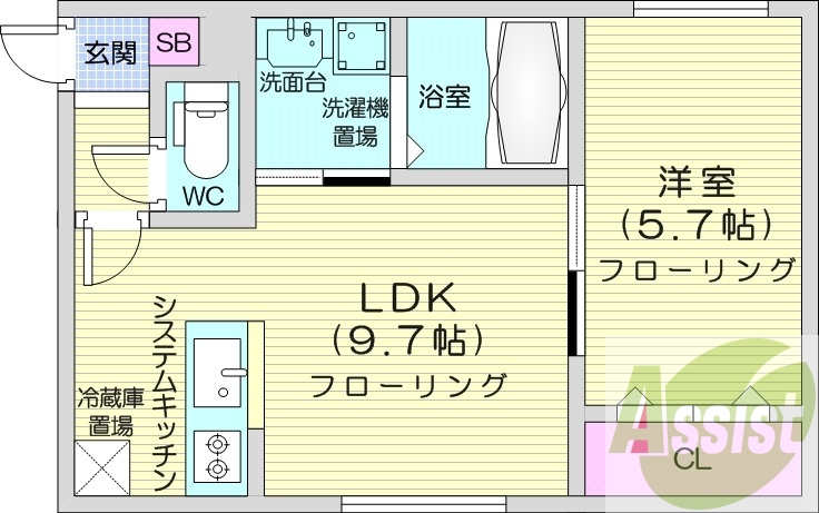1LDK、都市ガス、エアコン、システムキッチン、浴室乾燥機
