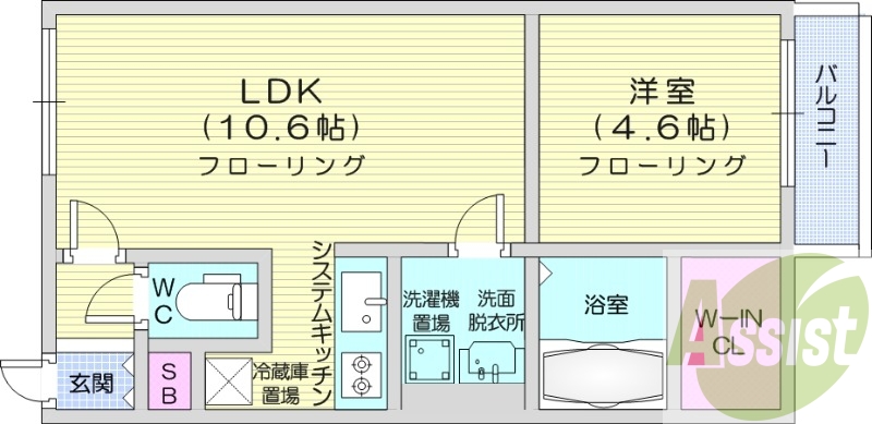 1LDK、エアコン、システムキッチン、追い焚き