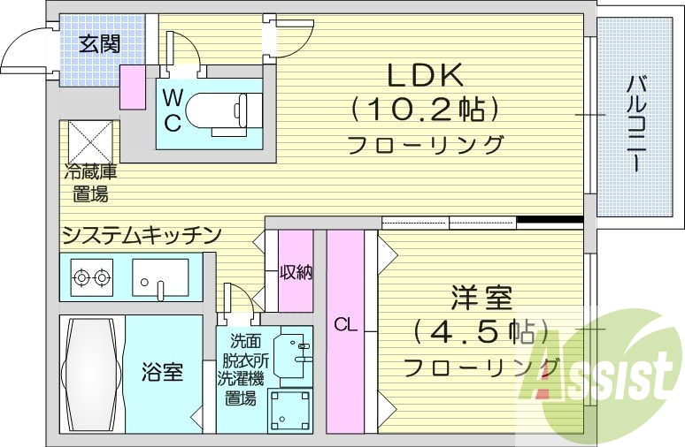 1LDK、エアコン、システムキッチン、追い焚き