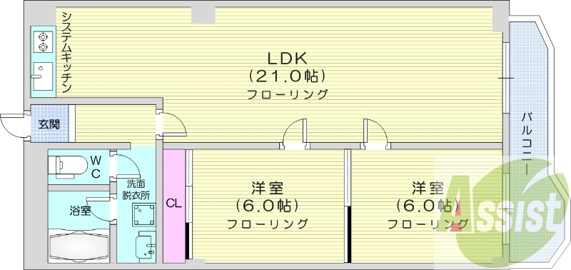 2LDK、都市ガス、エアコン、灯油暖房、シャンプードレッサー