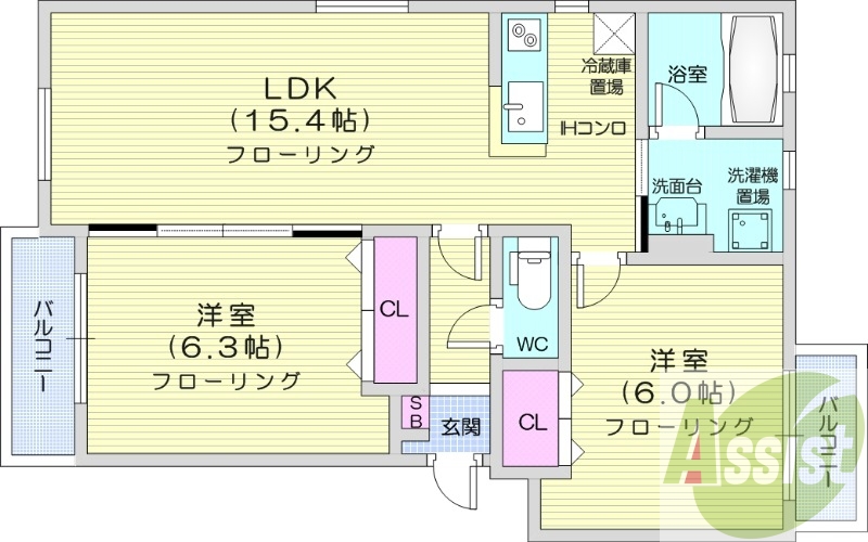 2LDK、バルコニー、物置、対面式キッチン