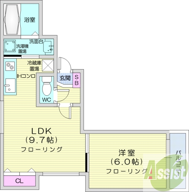 1LDK、角部屋、オートロック、独立洗面台、バルコニー