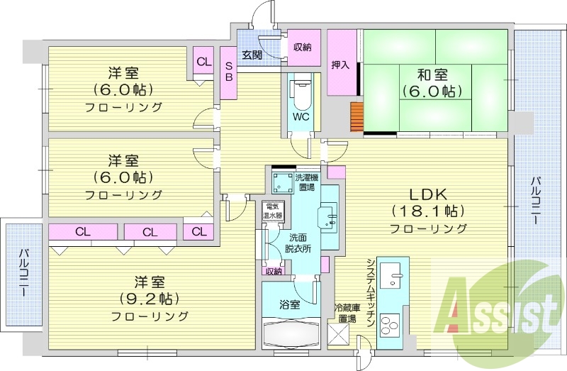 4LDK、ペット可、角部屋、オール電化、床暖房、エアコン