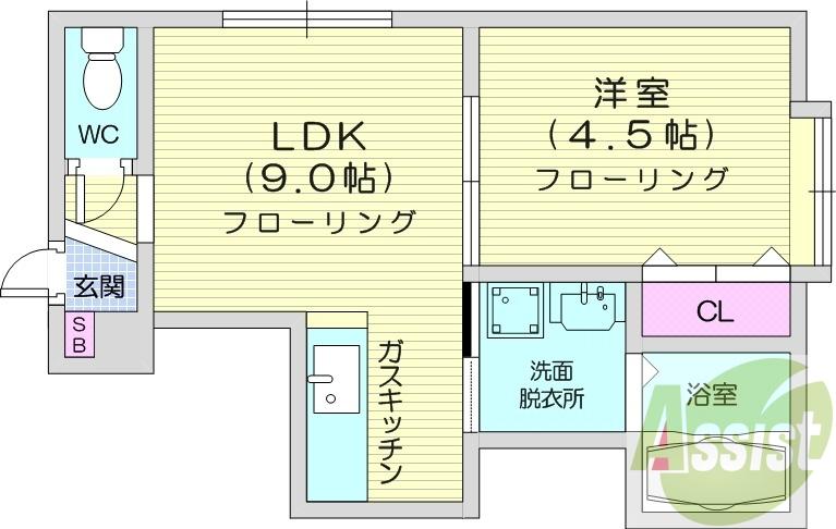 1LDK、オートロック、灯油暖房、角部屋