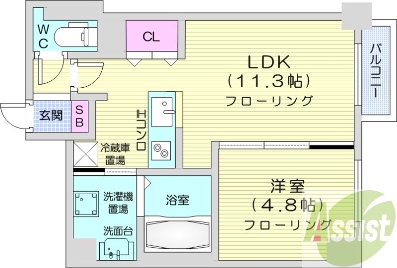 1LDK、都市ガス、ネット無料、角部屋、エアコン