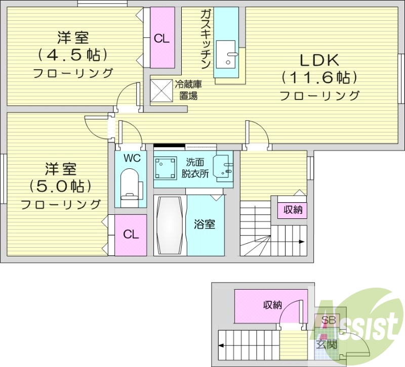 2LDK、対面キッチン、モニター付きインターホン