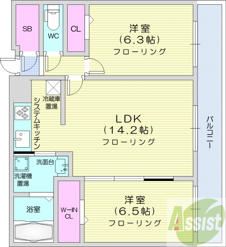 2LDK、システムキッチン、エアコン、追い焚き、ベランダ