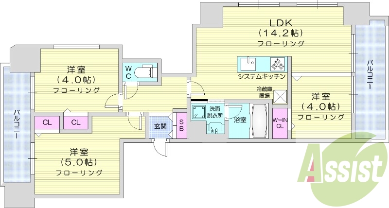 3LDK、都市ガス、ペット可、追炊き、システムキッチン