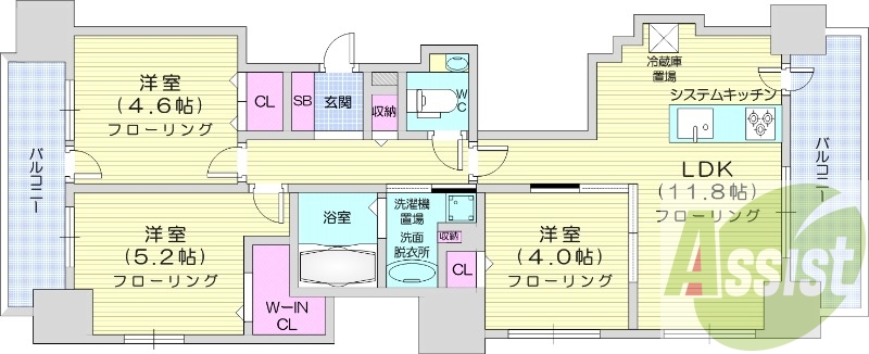 3LDK、都市ガス、ペット可、追炊き、システムキッチン