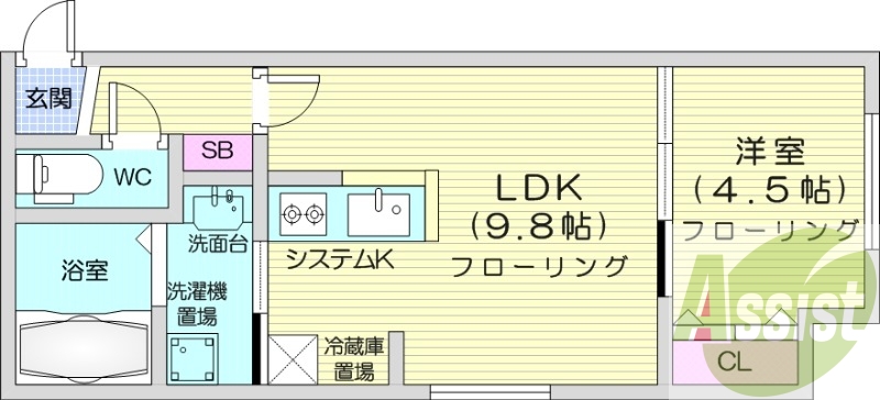 1LDK、システムキッチン、エアコン、都市ガス、ネット無料