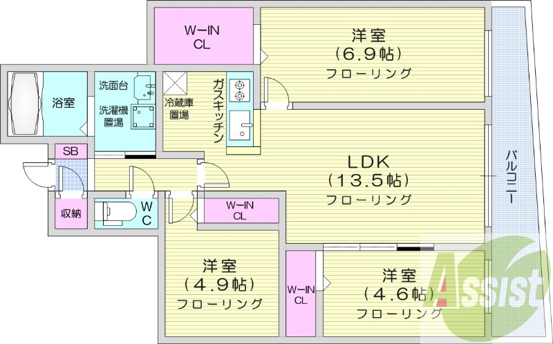 3LDK、エアコン、システムキッチン、ネット無料