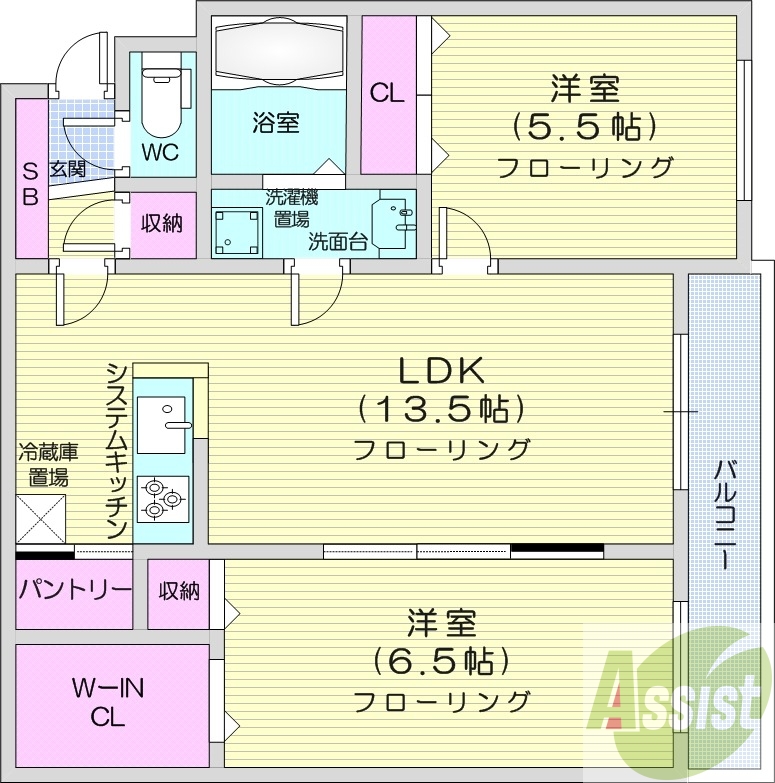 2LDK、都市ガス、エアコン、追い焚き、システムキッチン