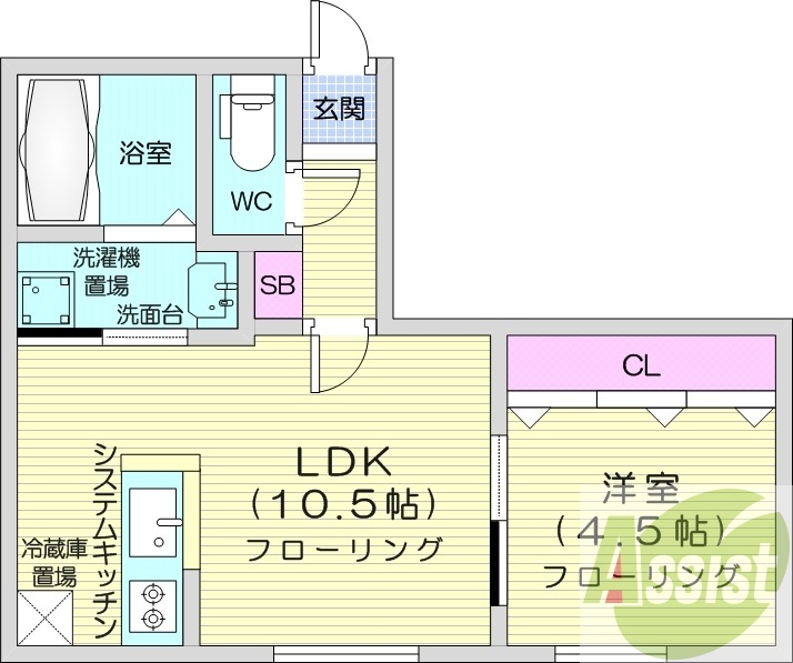 1LDK、都市ガス、エアコン、追い焚き、システムキッチン