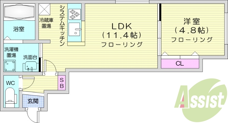 1LDK、都市ガス、システムキッチン、エアコン、ネット無料