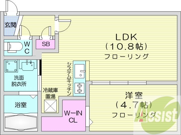 1LDK、システムキッチン、エアコン、室内洗濯機置場