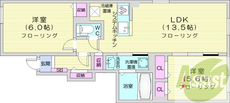 2LDK、システムキッチン、追い焚き、浴室乾燥機、エアコン
