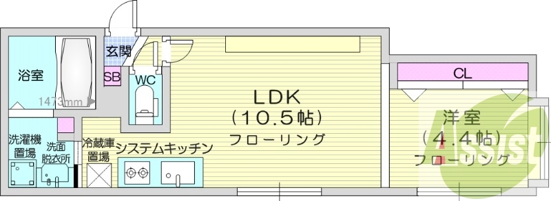 1LDK 、システムキッチン、クローゼット、都市ガス