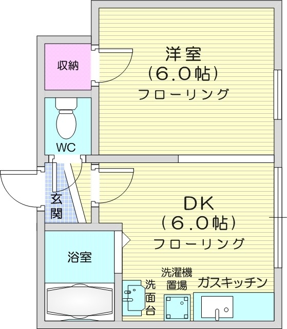 1DK、ガス暖房、バストイレ別、シャンプードレッサー