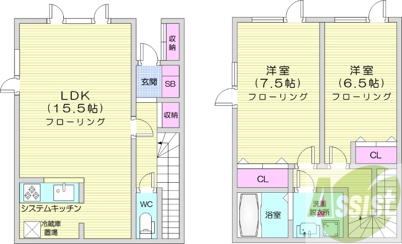 2LDK、1坪バス、メゾネット、追い炊き