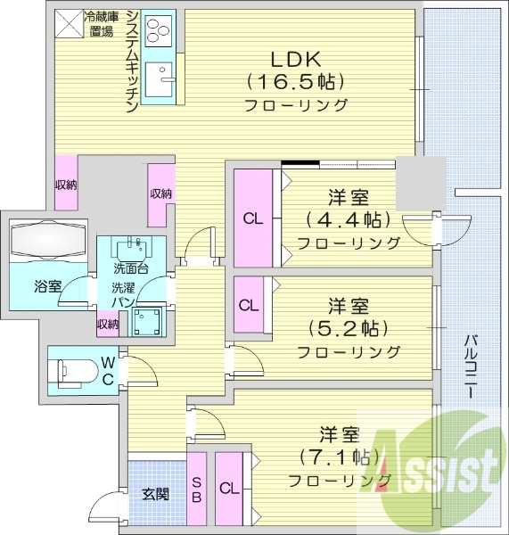 2LDK、都市ガス、分譲賃貸、システムキッチン
