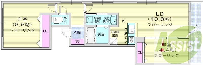 2LDK、都市ガス、エアコン、浴室乾燥機、システムキッチン
