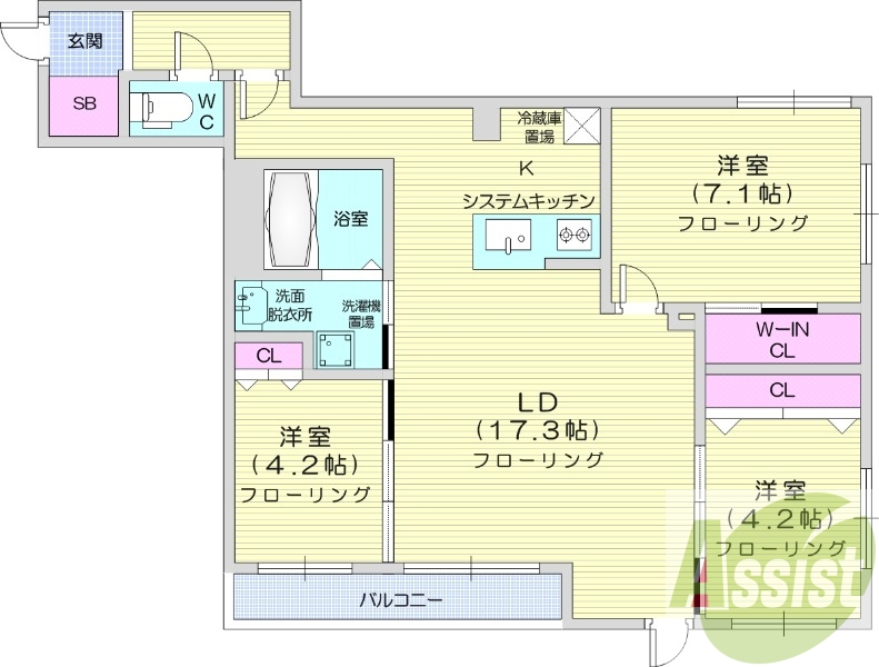 3LDK、都市ガス、エアコン、浴室乾燥機、システムキッチン