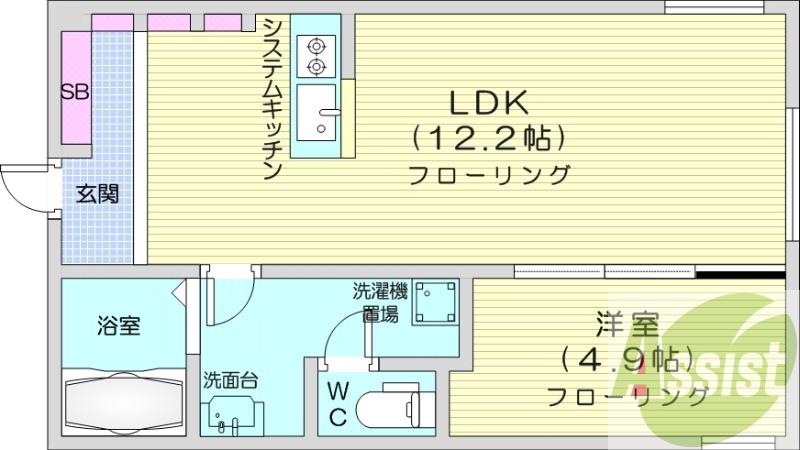 1LDK、エアコン、システムキッチン、浴室乾燥機、灯油暖房