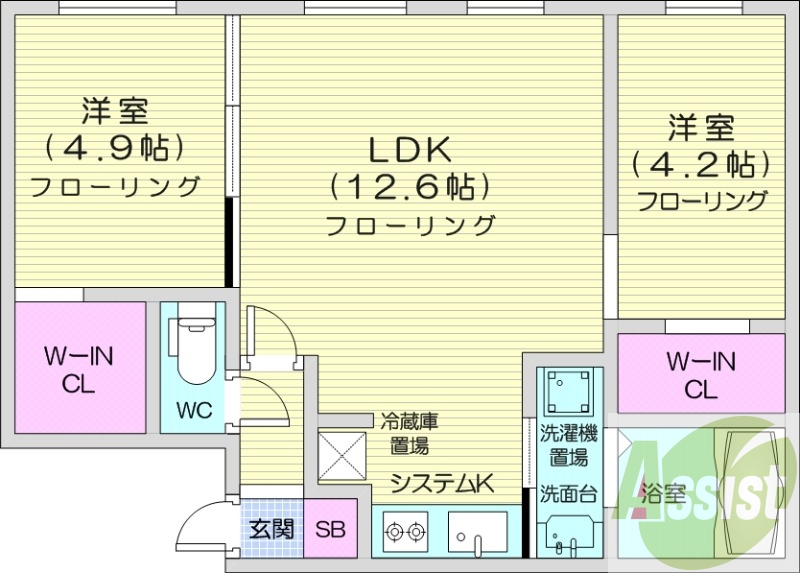2LDK、追い焚き、エアコン、ウォークインクローゼット