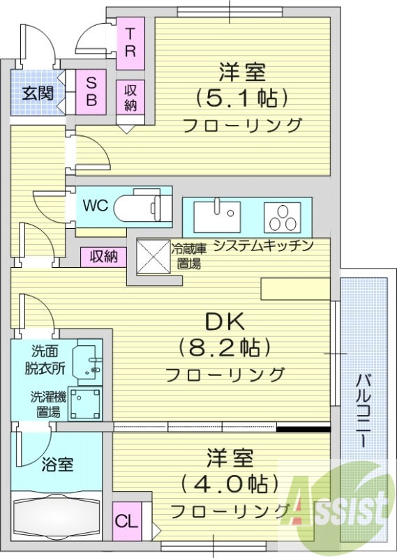 2DK、システムキッチン、エアコン、都市ガス