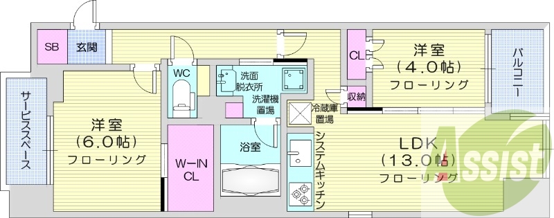 2LDK、都市ガス、ネット無料、追い焚き、浴室乾燥、床暖房