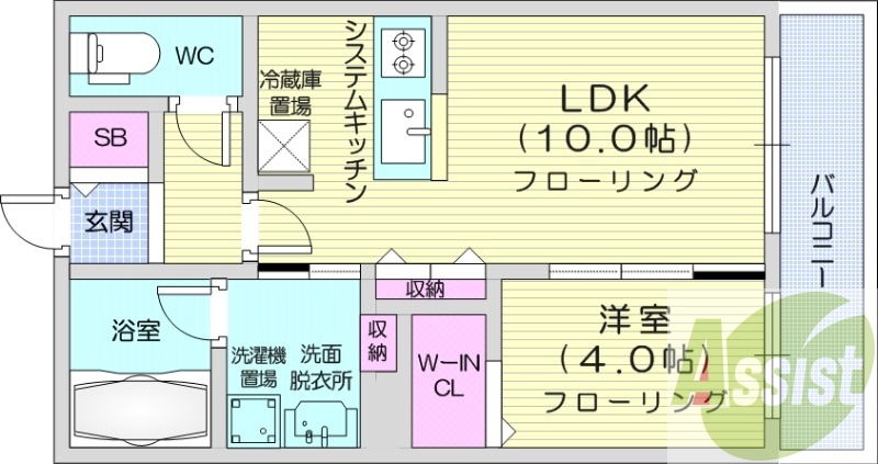 1LDK、都市ガス、エアコン、システムキッチン、独立洗面台