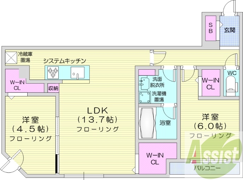 2LDK、都市ガス、追い焚き、浴室乾燥機、システムキッチン