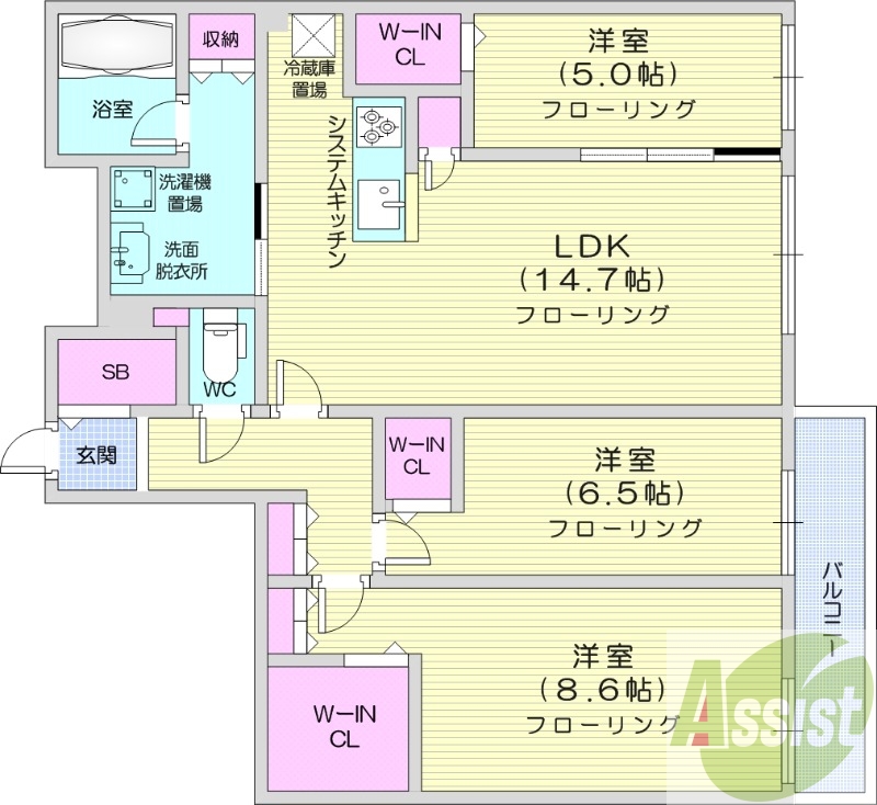 3LDK、都市ガス、エアコン、追い焚き、浴室乾燥機、