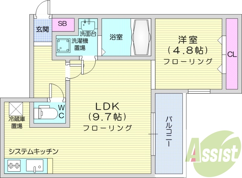 1LDK、都市ガス、システムキッチン、エアコン