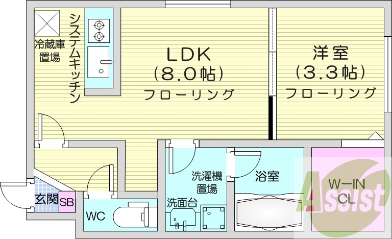 1LDK、独立洗面台、ウォークインクローゼット、エアコン