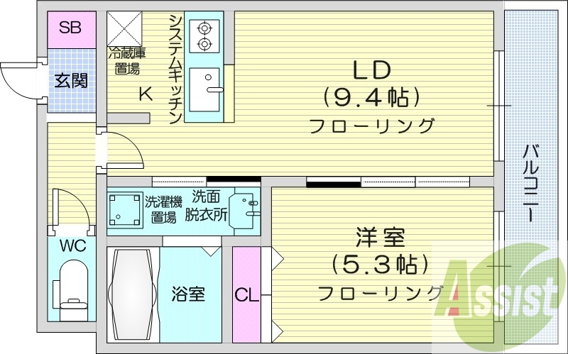 1LDK、エアコン、システムキッチン、独立洗面台