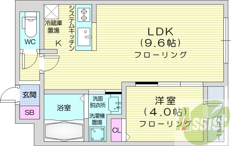 1LDK、エアコン、システムキッチン、独立洗面台
