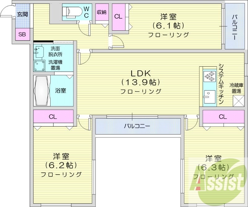 3LDK、都市ガス、エアコン、追い焚き、浴室乾燥機