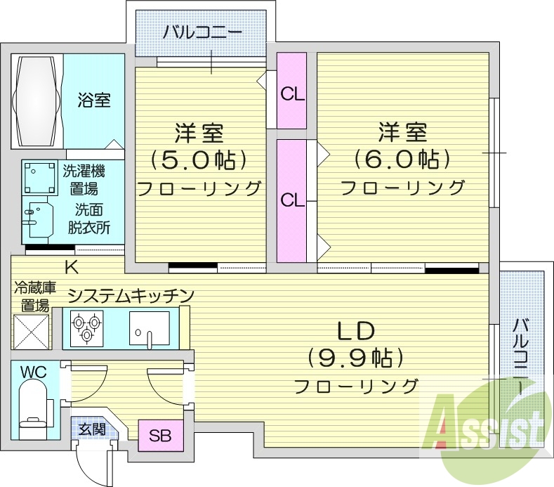 2LDK、オートロック、ネット無料、エアコン、ペット可