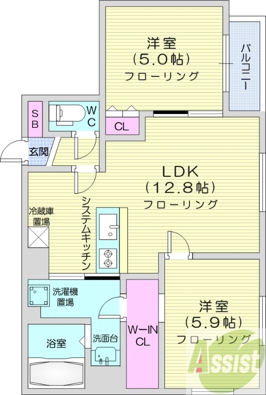 2LDK、エアコン、都市ガス、システムキッチン