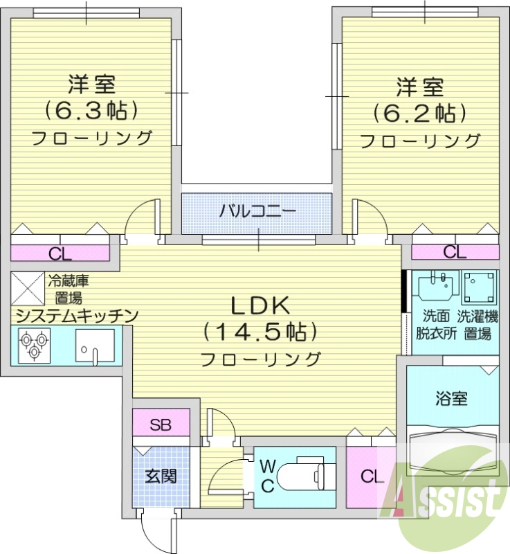 2LDK、都市ガス、エアコン、追い焚き、浴室乾燥機