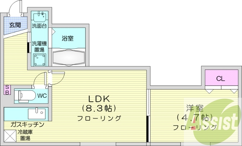 1LDK、灯油暖房、TVインターホン、バストイレ別