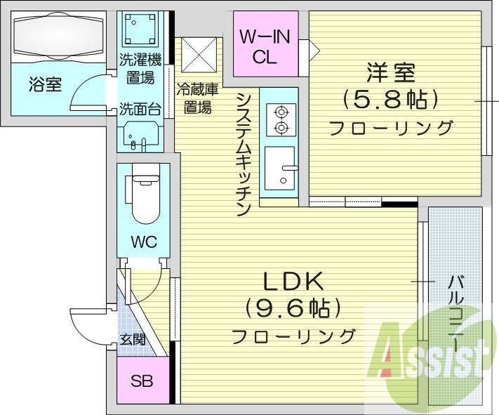 1LDK、エアコン、システムキッチン、独立洗面台