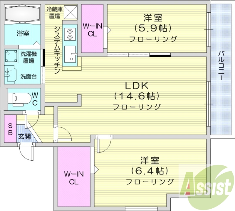 2LDK、エアコン、システムキッチン、独立洗面台