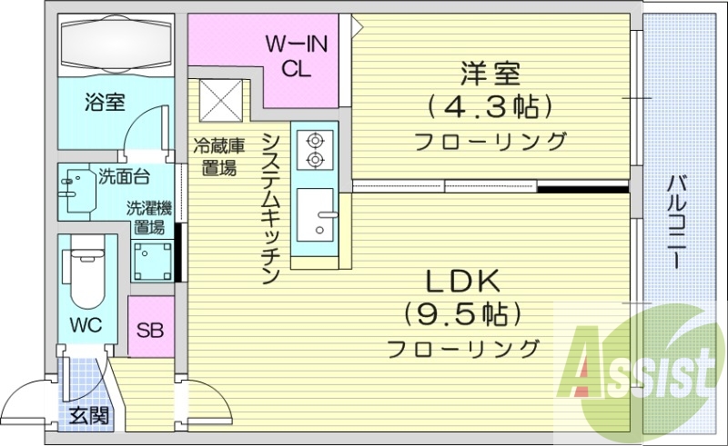 1LDK、システムキッチン、エアコン、独立洗面台