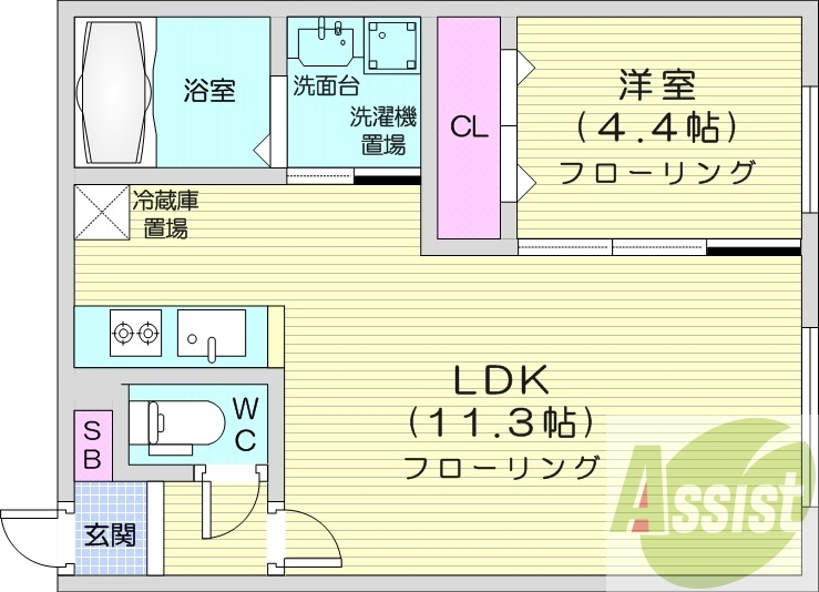 1LDK、エアコン、独立洗面台、システムキッチン