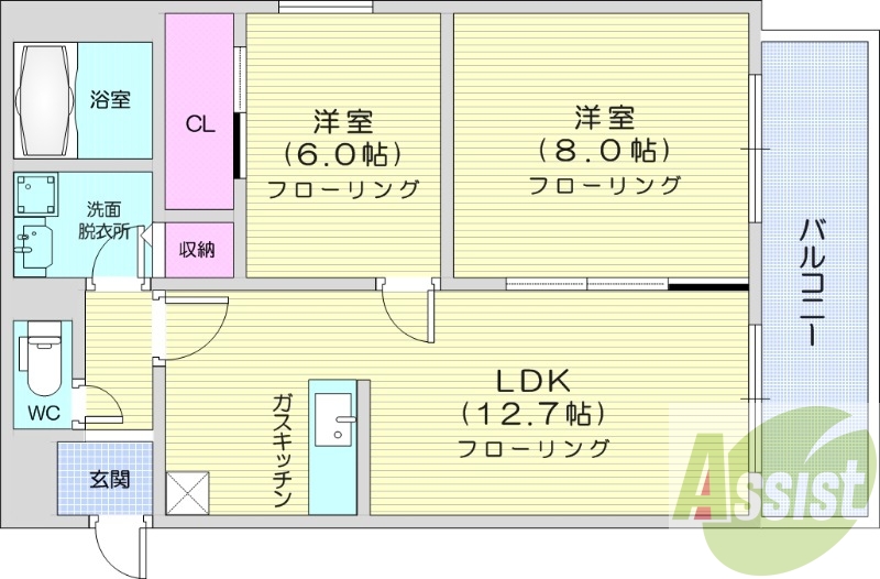 2LDK、オール電化、バルコニー、シャワートイレ