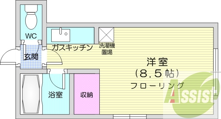 1K、シャワートイレ、ガス暖房、バス・トイレ別