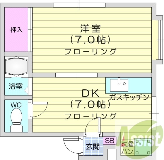 1DK、都市ガス、バストイレ別、暖房灯油FF