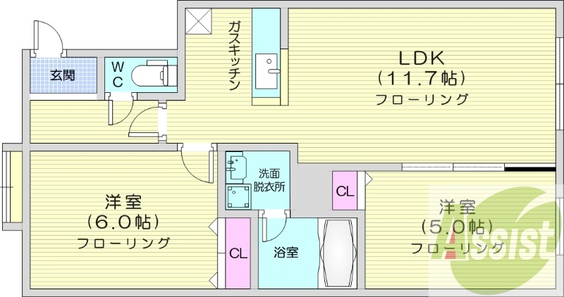 2LDK、都市ガス、ペット相談可、エアコン